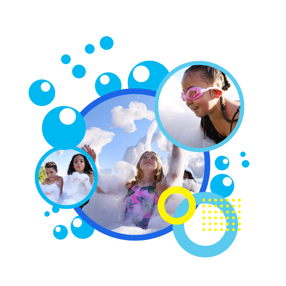 Children laughing in a giant foam pit during a backyard foam party in Springdale, Arkansas